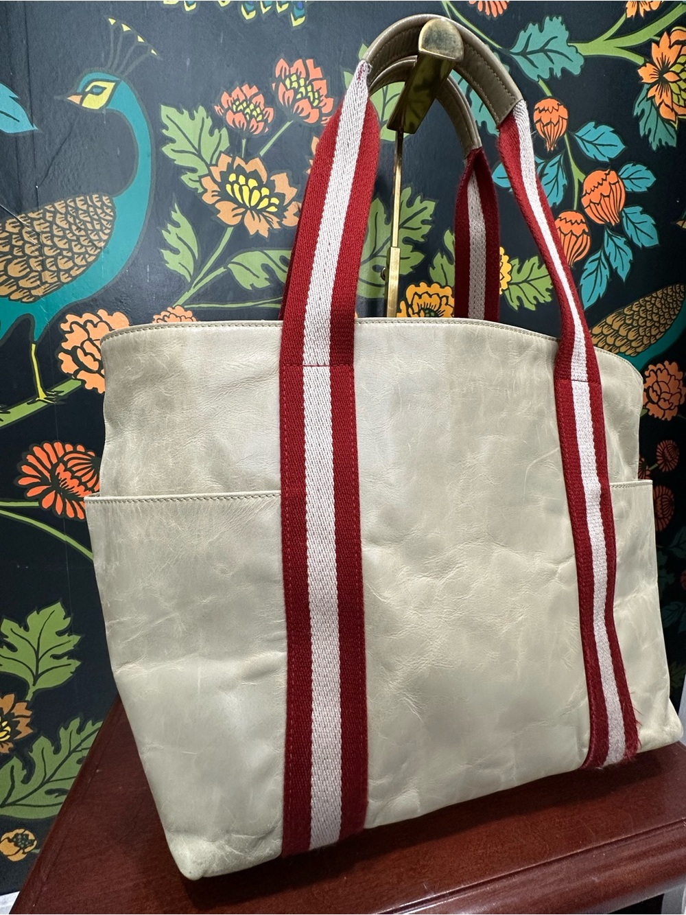 Bally Terrabella Trainspotting Leather Tote Pearl Ivory Red Stripe Made in Italy - Picture 3 of 13